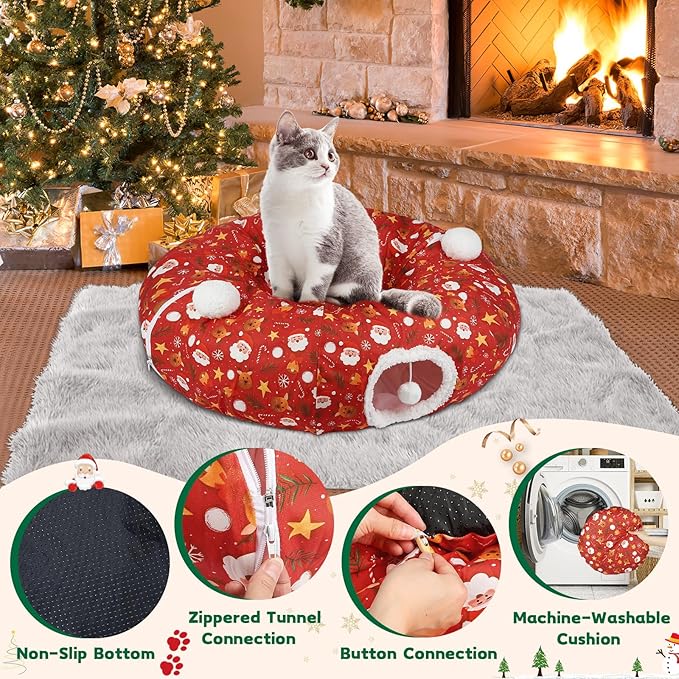 Cat Tunnel Christmas Tree Skirt Cat Tunnel Bed for Indoor Cats Play Donut Tunnel Toys S Shape for Rabbit Ferret (Red)
