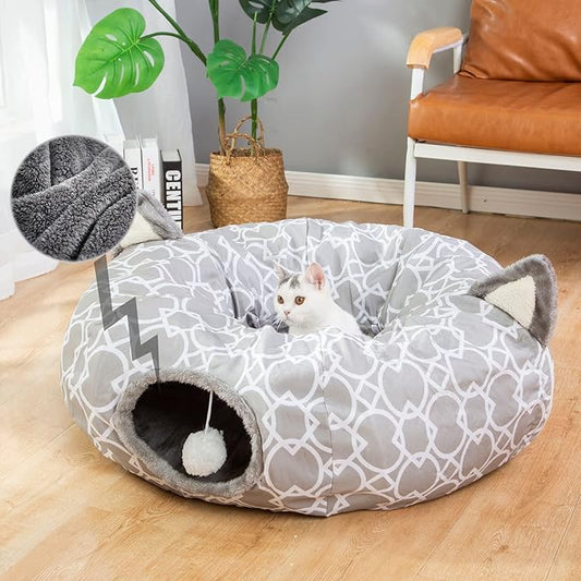 LUCKITTY Geometric Cat Tunnel Bed Under Christmas Tree Oxford Outside with Plush Inside,Cats Toys Collapsible Tunnel Tube with Balls, for Rabbits, Kittens, Ferrets,Puppy 3FT
