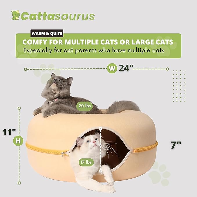 Cattasaurus Peekaboo Cat Cave Donut for Multiple & Large Cats up to 30-45 lbs, 3-in-1 Self Warming Cat Bed, Tunnel & Scratcher for Indoor Cats, Washable & Detachable Dog Bed (Pastel Macaron, Large)