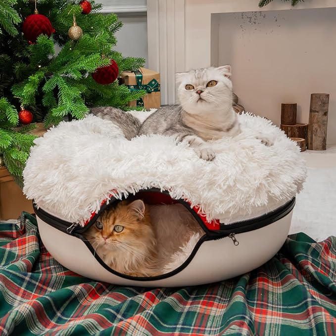 CATTASAURUS Peekaboo Cat Cave for Multiple & Large Cats Up to 30-45 Lbs, Fluffy Cat Beds & Furniture, Scratch Detachable & Washable Tunnel Bed, Comfy Donut Bed (Ruby Snowball, Large (Calming))