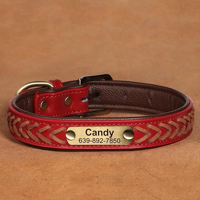 Personalized Dog Collars Custom Premium PU Leather Dog Collar with Name and Phone Number Engraved Name Plate for Medium Dogs Customized Customizable Adjustable Dog Collar, Red,M(11-14")