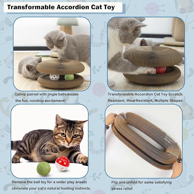 Magic Organ Cat Scratcher Adventure Toy with Bell and Catnip Balls Toys Foldable Recyclable Accordion Kitten Toy Ultimate Interactive Mental & Physical Exercise Cat Toys for Indoor Cats