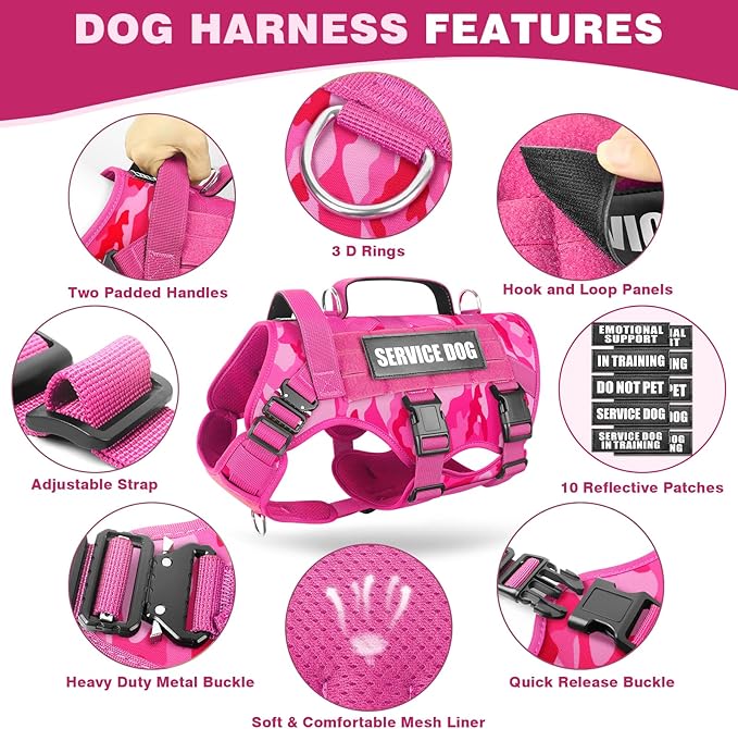 WINSEE Tactical Dog Harness with Dog Leash, Service Working MOLLE Vest with 10 Pet Patches for Dog, No Pull Military Harness and Backpack for Training Hunting Walking