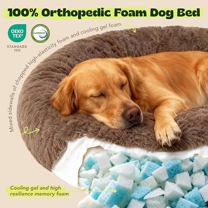 Extra Large Orthopedic Dog Bed Waterproof Removable Cover for Calming Donut Dog Bed Washable,Cooling Gel Foam Round Anxiety Plush Sherpa Covers Comfort for Old Fluffy Friends 48 Inch,Camel