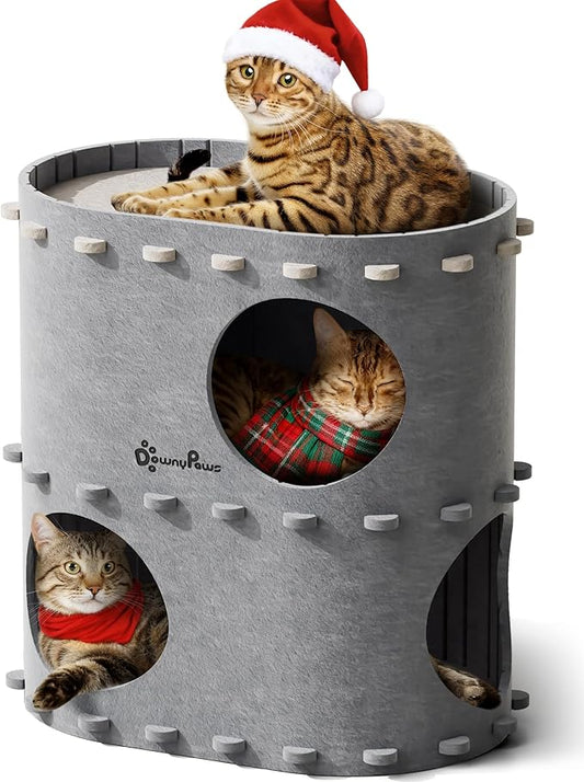 DownyPaws Cat House for Indoor Cats, 2-Storey Foldable Cat Bed Cave, Felt Cats Tunnel Bed Condo, Castle Kitten Cube Hideaway for Multicats, Scratch Resistant, Light Gray
