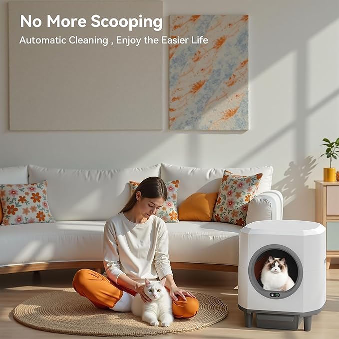 Self Cleaning Litter Box for Multiple Cats,90L Automatic Cat Litter Box Self Cleaning App-Controlled,Dual Safety Protection,1 Rolls Garbage Bags,White