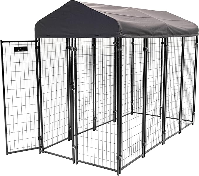 Lucky Dog® Stay Series® Villa Kennels - 4x8x6 ft - Black Powder Coat Steel Frame - Large Outdoor Dog Kennel with Waterproof Canopy Roof and Single Gate Door - Grey