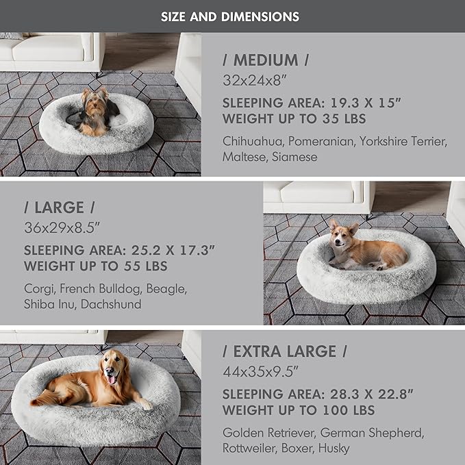 Orthopedic Calming Dog Bed for Extra Large Dogs XL, Anti Anxiety Pet Beds with Supportive Foam, Removable Washable Oval Pets Couch, Fluffy Cuddle Bolster Couch, Light Grey