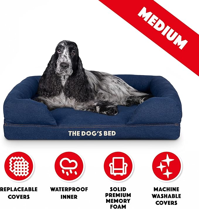 The Dog’s Bed, Med Blue Denim, Memory Foam, Pain Relief: Arthritis, Hip & Elbow Dysplasia, Post Surgery, Lameness, Supportive, Calming, Waterproof Washable Cover, Veterinary Approved