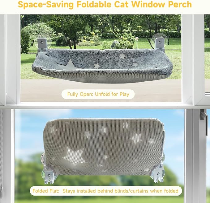 Homegroove 2 Pack Cat Window Perch, 24 x 12 Inch Foldable Cat Hammock for Window with Sturdy Metal Frame, Cordless Window Bed for Resting Seat for Indoor Cats (Grey-with Star Pattern, 24 x 12 Inch)