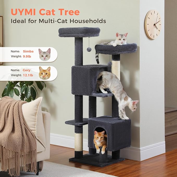 Cat Tree, 52.4 Inch Multi-Level Cat Tower for Indoor Cats with Dual Padded Top Perches, 2 Condos & Scratching Posts, Plush Cat Furniture for Kittens and Medium Cats, Dark Grey