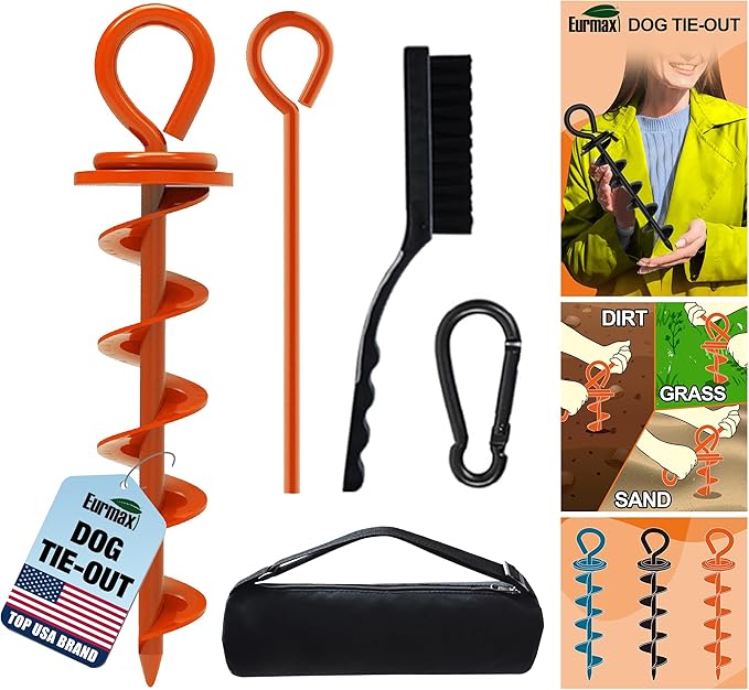Eurmax USA Heavy Duty Dog Tie Out Stake for Large Dogs up to 210 lbs,Dog Stakes for Outside,Ground Anchor for Dog Leash,Runner Cable, and Pet Gadget Dog Accessories Trampoline Stakes 1-Pack (Orange)