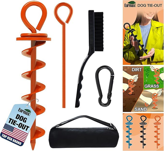 Eurmax USA Heavy Duty Dog Tie Out Stake for Large Dogs up to 210 lbs,Dog Stakes for Outside,Ground Anchor for Dog Leash,Runner Cable, and Pet Gadget Dog Accessories Trampoline Stakes 1-Pack (Orange)