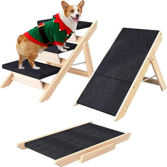 Dog Stairs/Ramp for Bed, Wooden Convertible Pet Steps, Portable Dog Ladder Up to 180 Pound for Elderly/Short-Legged Dogs, 3 Steps for Beds, Couch, Cars