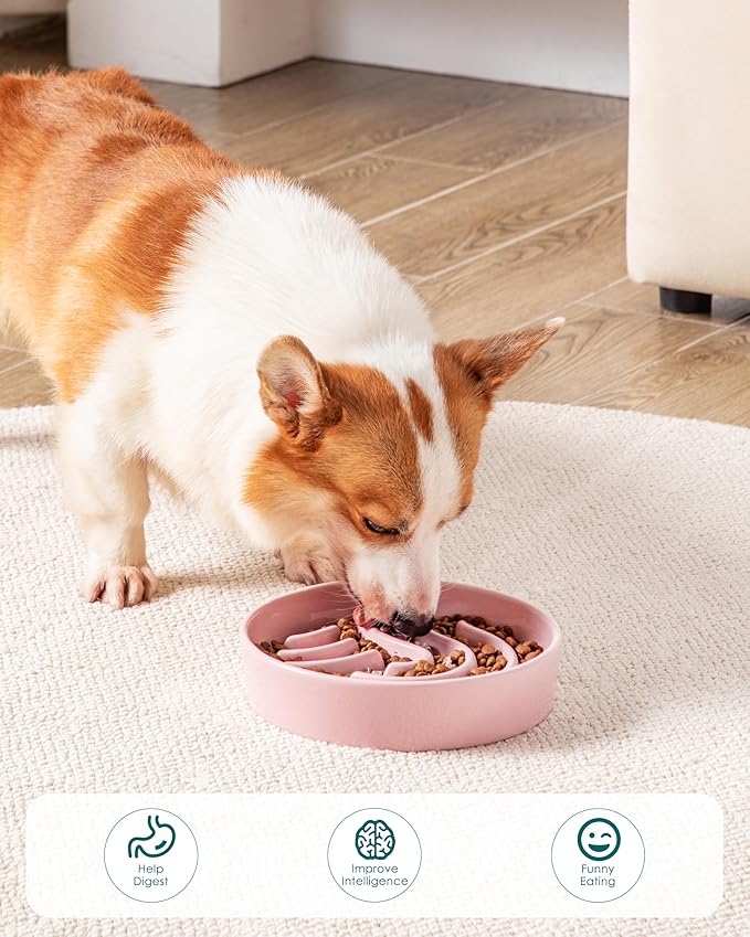 vancasso Slow Feeder Dog Bowl, 1.5 Cup Ceramic Slow Feeding Food Dish for Small and Medium Breed, Puzzle Dog Food Bowl for Fast Eater, Pink