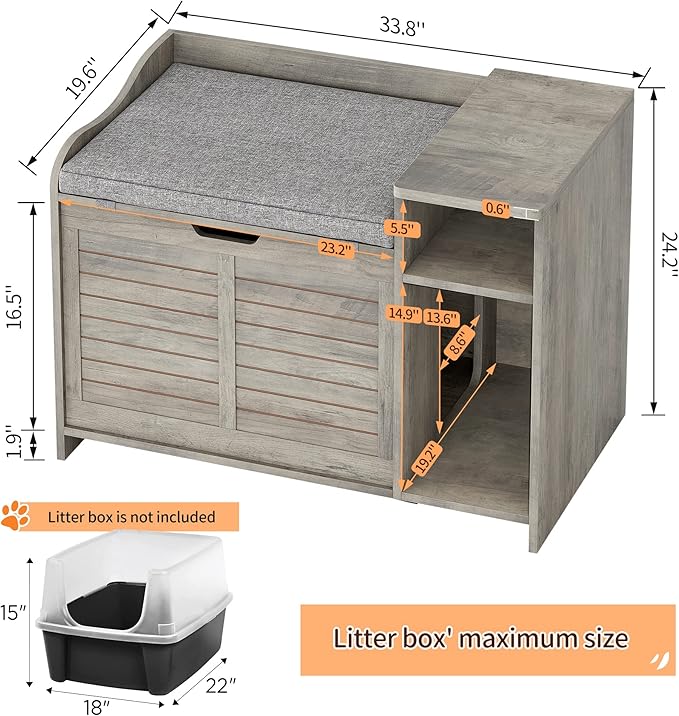 Cat Litter Box Enclosure Furniture with Top Opening and Cushion, Hidden Litter Box Cabinet with Storage, Privacy Cat Box Enclosure, Grey