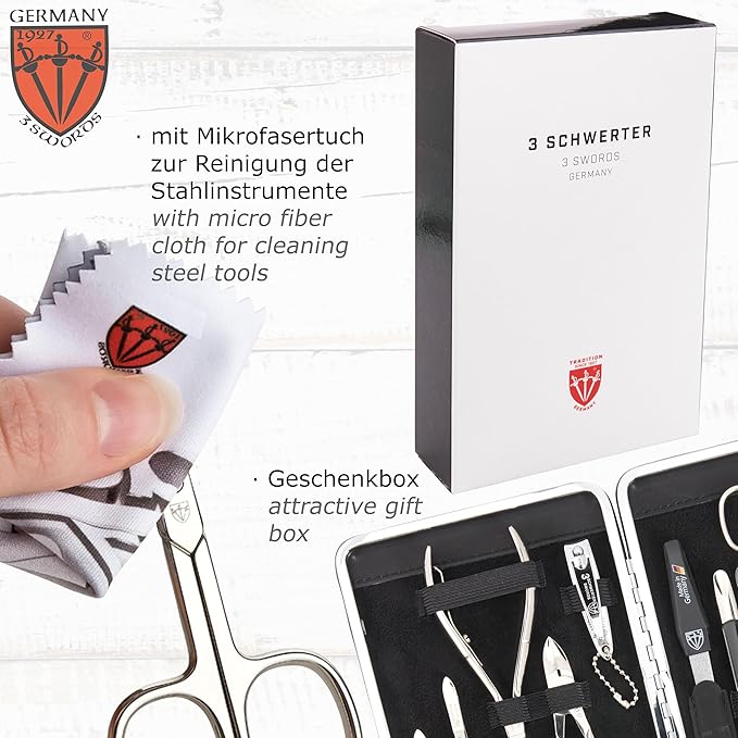 3 Swords Germany - brand quality 11 piece manicure pedicure grooming kit set for professional finger & toe nail care scissors clipper black genuine leather case in gift box, Made in Germany