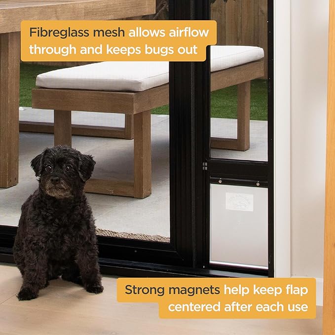 Hakuna Pets V2 Patio Pet Door Screen Insert Panel for Sliding Doors, Fits Door Track Min Ht 55.12" to Max Ht 84.25",UV Resistant Mesh, Locking Magnetic Dog Door, Easy Install and Removal,Small,Black