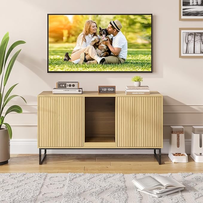 Kitty Litter Box Enclosure for 2 Cats, Small Hidden Cat Litter Box Furniture with Scratch Pad, Modern Fluted Double Litterbox Cabinet TV Stand for Kittens, Natural