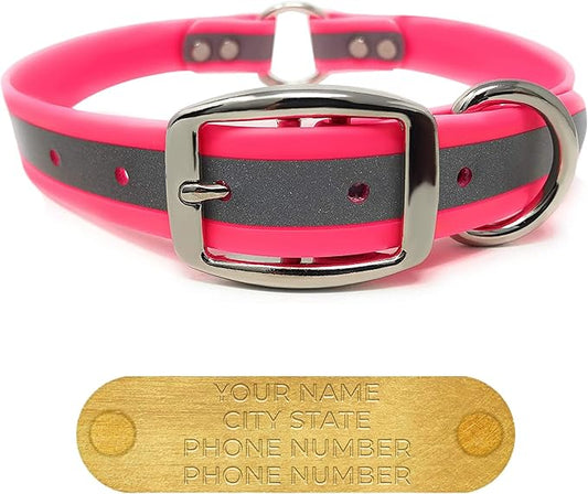 Regal Dog Products Medium Pink Reflective Dog Collar with Custom Engraved Name Plate and Heavy Duty Center Ring | Waterproof Biothane Personalized Dog Collars - Other Sizes for Small & Large Dogs