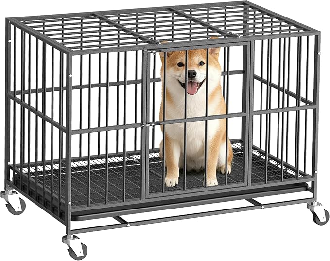 Heavy Duty Indestructible Dog Crate 42in with Removable Trays, Escape-Proof Double Door for High Anxiety Dog, Kennel with Lockable Wheels for Medium Large XL XXL Dogs