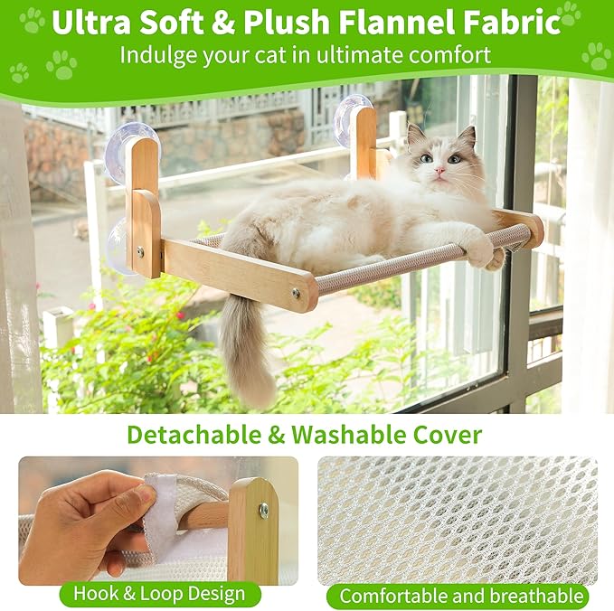 Cat Window Perch with Wooden Frame – Aloxina Foldable Cat Hammock Bed for Indoor Cats, Breathable Sandwich Mesh Cover, Strong Suction Cups, No Drilling, Supports Large Cats