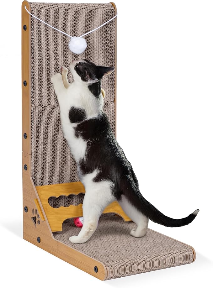 Cat Cuddles Cardboard Cat Scratcher for Indoor Cats - 3-in-1 Vertical & Horizontal Cardboard Scratch Pad with Toy Ball - L-Shape Scratching Post for Furniture Protection