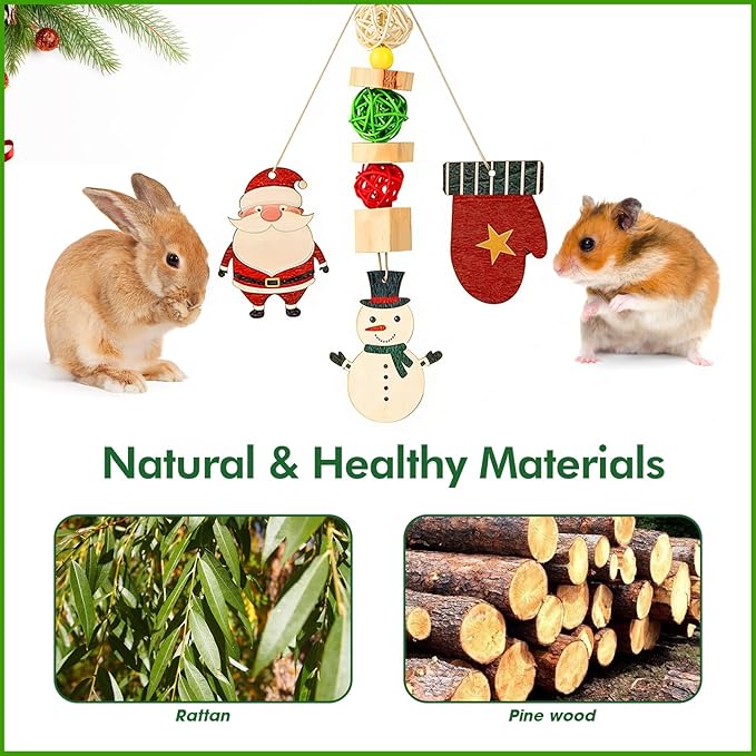 Abizoo Christmas Guinea Pig Chew Toys, Rabbit Chew Toys Hamster Bunny Treats Wood for Chinchilla, Hanging Christmas Themed Decor Cage Accessories for Small Animals pet Teeth Enrichment Gifts