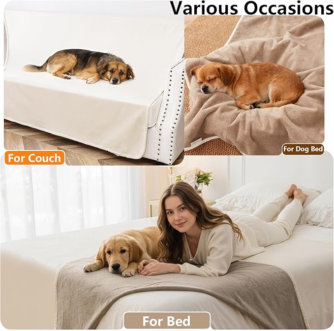 Waterproof Blanket for Couch, Leak Proof Dog Bed Blankets Reversible, Pet Throw Sofa Furniture Protector Machine Washable-52 x82,Beige+Khaki