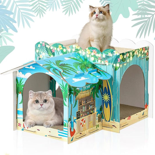 2 Story Cardboard Cat House with Scratcher Pad for Small Kitten,17x12x10 Multi Level Durable Cat Condo & Villa for Bunny Rabbit Small Animals Christmas Birthday Gift(Hawaii)