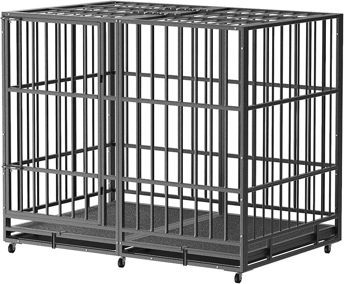 Heavy Duty Indestructible Dog Crate 60in with Removable Trays, Escape-Proof Double Door for High Anxiety Dog, Kennel with Lockable Wheels for Medium Large XL XXL Dogs
