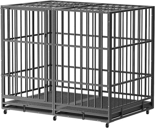Heavy Duty Indestructible Dog Crate 60in with Removable Trays, Escape-Proof Double Door for High Anxiety Dog, Kennel with Lockable Wheels for Medium Large XL XXL Dogs
