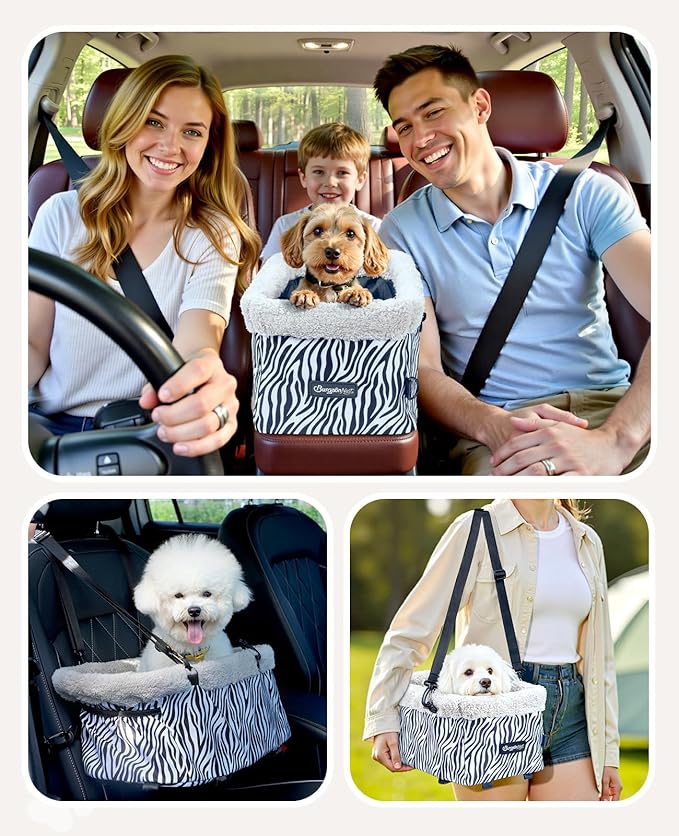 Center Console Dog Car Seat, Puppy Carseat for Small Dogs, Cat Car Seat with Metal Frame and Double Protection Seat Belts, Pet Booster Seat with Washable Cushion and Clip-on Leash Cute Zebra Print