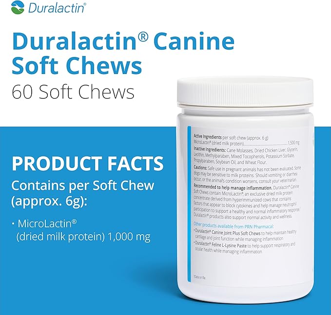 PRN Pharmacal Duralactin Canine Soft Chews - Joint Health Supplement for Dogs & Puppies to Help Reduce Chronic Soreness - Canine Chews Containing Dried Milk Protein - Chicken-Liver Flavor - 60 Chews