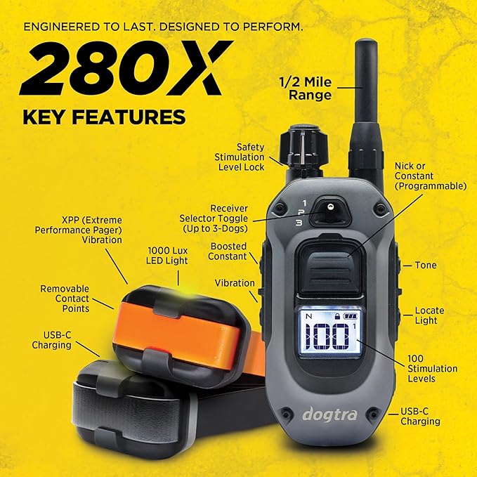 Dogtra 280X 2-Dogs E-Collar with Remote [New Edition] 10 lbs+, 1/2 Mile Range, LED Light, 100 Levels of Control for Stubborn Dogs, Waterproof, Boost for Quick Recall, Vibration, Safety Lock & Tone