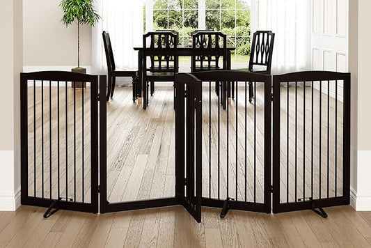Freestanding Dog Gates with Door Walk Through, 80 inch Wide Gates Indoor, Dog Fences Indoor, Support Feet Included, 4 Panels, 32" Tall, Dark Brown