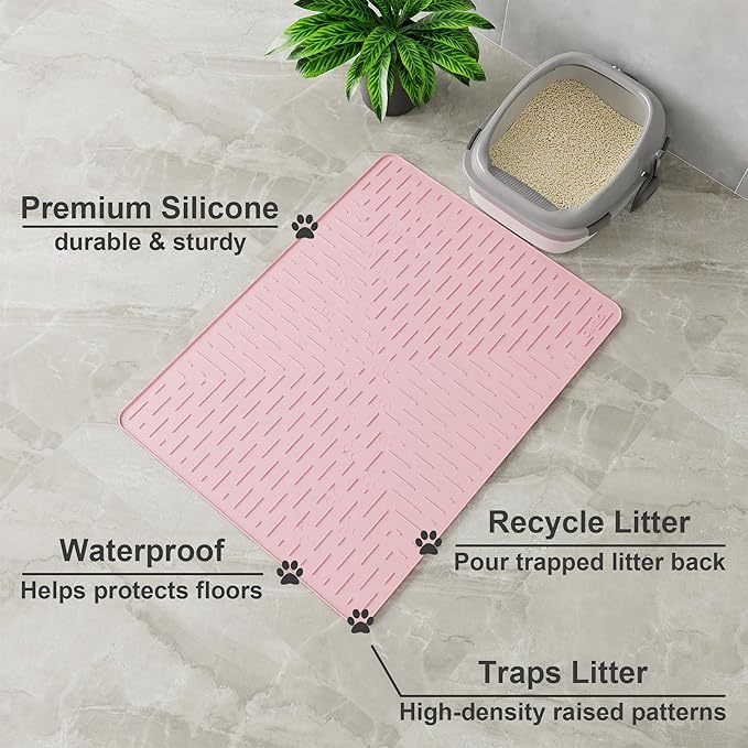 OHMO Cat Litter Mat Trapping Mat Premium Silicone 31.5x23.6 Pink, Waterproof and BPA Free Kitty Litter Box Mat, Easy Clean and Keeps The Floor Tidy