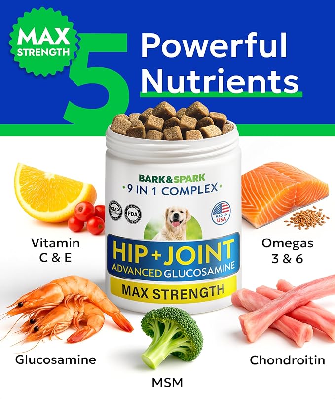 Bark&Spark Senior Advanced Glucosamine Chondroitin for Dogs - Hip Joint Pain Relief - Old Dog Joint Chews Large & Small Breed - Hip Joint Chews Joint Health Care Treats - 120Ct