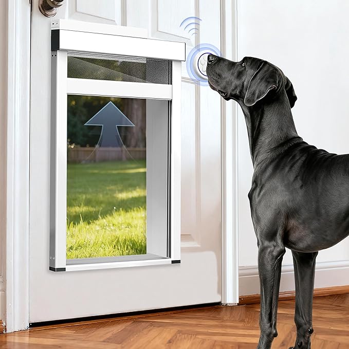 Extra-Large Electronic Dog Door,Pet Automatic Door Smart Aluminum Dog Door with Dogbell Activated Auto Lift, Lockable Weatherproof Telescoping Tunnel for Pets (XXL)