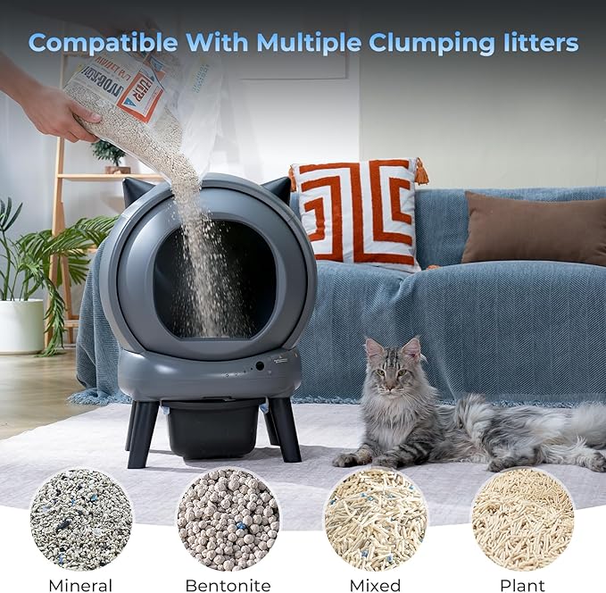 Self Cleaning Litter Box for Cats, Automatic Cat Litter Box with Smart APP Control and Health Monitoring, Includes 2 Roll Trash Bag and Litter Mat, Grey