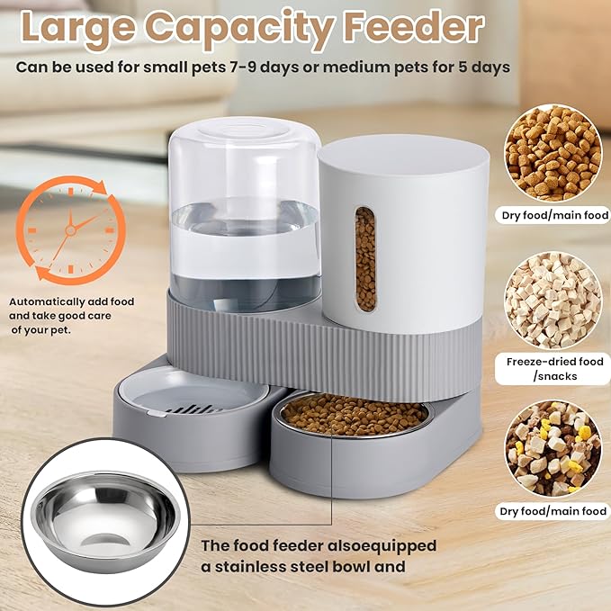 2 Pack Automatic Cat Feeder Stainless Steel Water Dispenser Gravity Food Feeder and Waterer Set with Pet Food Bowl for Small Medium Kitten Puppy Pets Large Capacity(Grey)