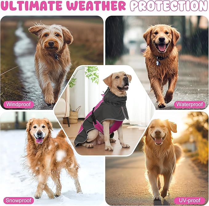 Dog Raincoat, Waterproof Dog Coat with Reflective Straps, Leash Hole & Polar Fleece Lining, Winter Snow Rain Coat for Small, Medium & Large Dogs, Warm, Windproof Vest Jackets