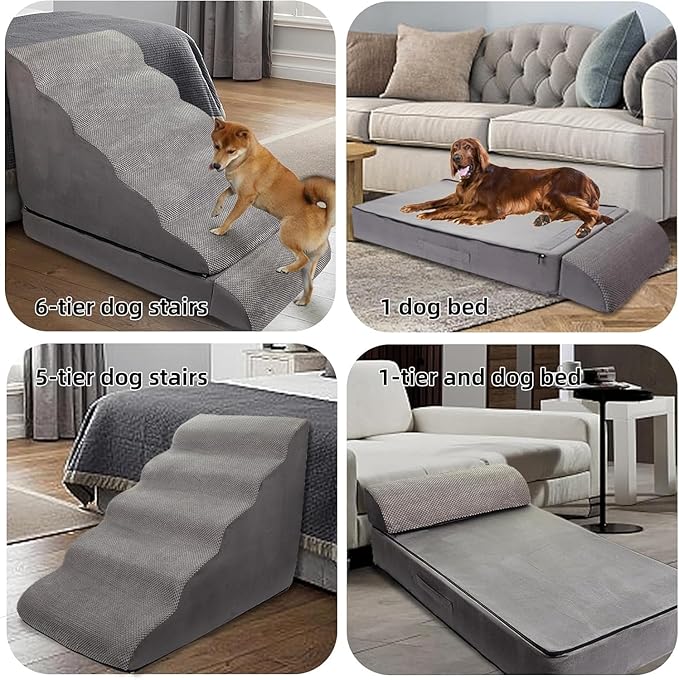 Dog Stairs for High Beds 30-36 inches Tall, 6-Step Pet Stairs/Steps for High Bed 32-36 inches for Small Large Dogs, Dog Ramp for Bed, Foam Dog Steps for Beds for Old Dogs/Cats, Grey