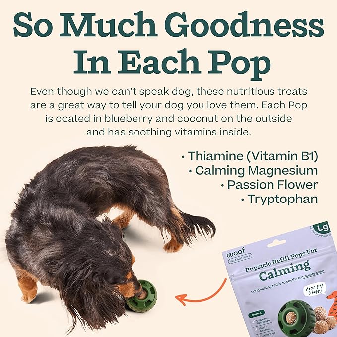 WOOF Pupsicle Calming Starter Kit - Pupsicle and Calming Pops Bundle - Long-Lasting Interactive Dog Toy - 10 Refills with Thiamine, Tryptophan, Passion Flower for Medium and Large Dogs 25-75 lbs
