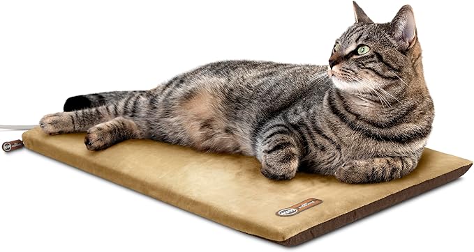 K&H Pet Products Heated Cat Bed Pad for Indoor Cats, Thermo-Kitty Mat Calming Warm Pet Heating Pad for Inside Pets, Machine Washable, Waterproof Heater, Safety Listed - 12.5 X 25in Mocha/Tan
