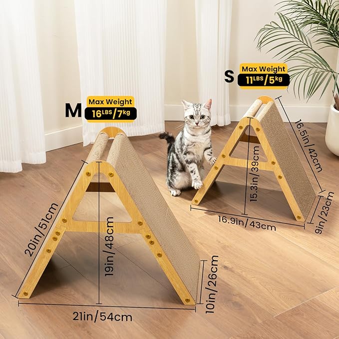 A-Frame Cat Scratching Board, Recycled Cardboard & Wood Frame, Dual-Sided Vertical Horizontal Cat Scratcher for Indoor Kittens, Ideal for Multiple Cats- 2 Pack, Light Wood, Small