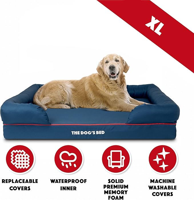 The Dog’s Bed Orthopedic Dog Bed XL Oxford Blue with Red Trim, Memory Foam, Pain Relief: Arthritis, Post Surgery, Lameness, Supportive, Waterproof Washable Cover