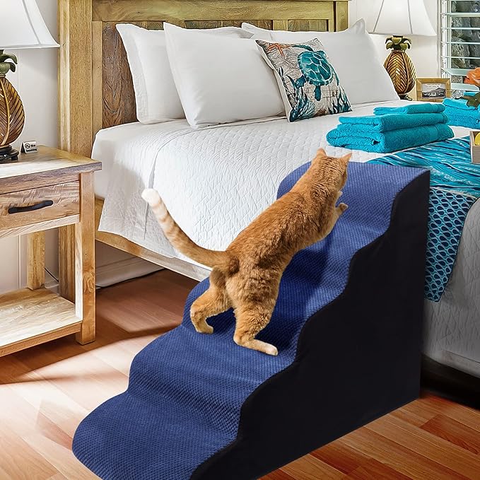 Dog Stairs&Steps for High Beds Up to 28'', 5-Step Dog Ramp for Small Medium Dogs with Washable Cover, Pet Steps for Cats to Get on Couch and Sofa, Durable Foam Ladders, 24.4" Tall, Blue
