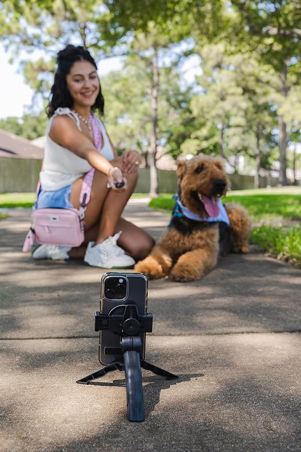 Dog Walking Crossbody with Treat Pouch & Tripod - Hands-free Storage with Phone Holder, Poop Bag Dispenser, Hook for Used Poop Bags & Training Features (Black)