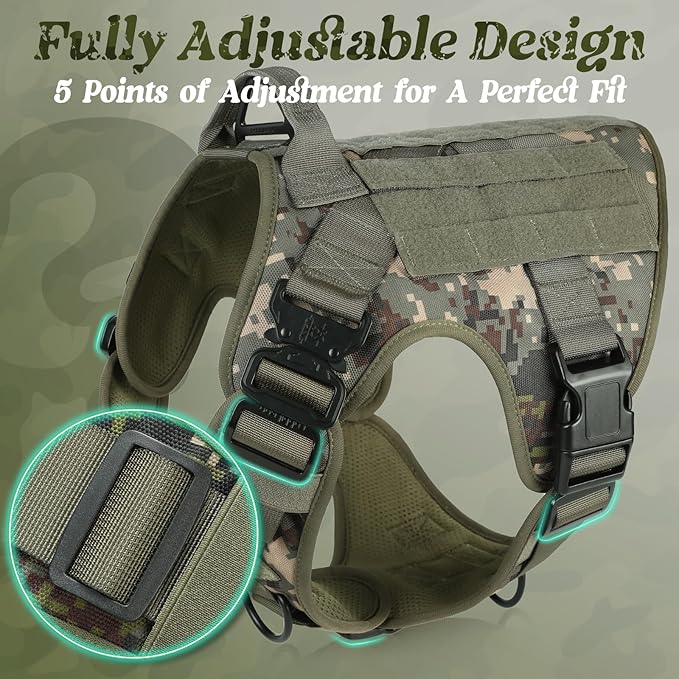 rabbitgoo Tactical Dog Harness Medium Sized, Heavy Duty Pet Harness with Handle, No-Pull Service Vest Medium Breed, Adjustable Military Dog Vest for Training Hunting Walking, Green Camo, M